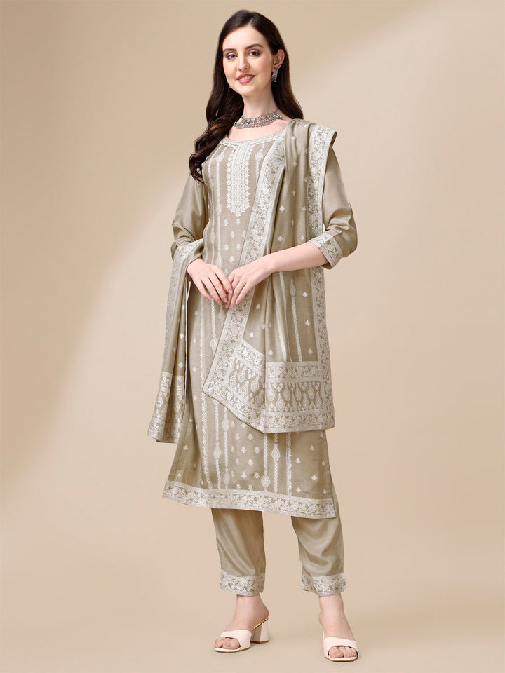 Beige Tussar Silk Kurta Suit Set by Qivii