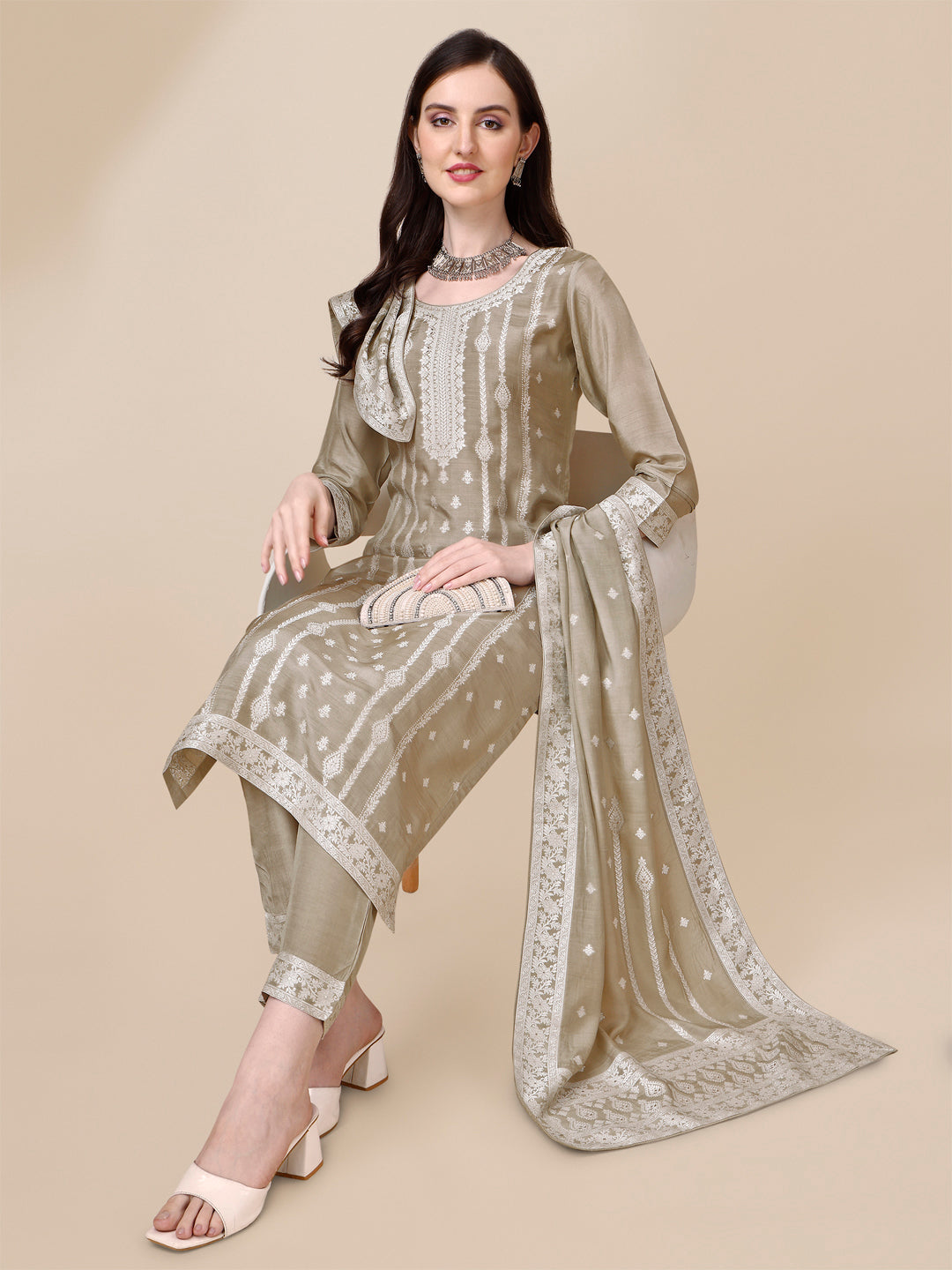 Beige Tussar Silk Kurta Suit Set by Qivii