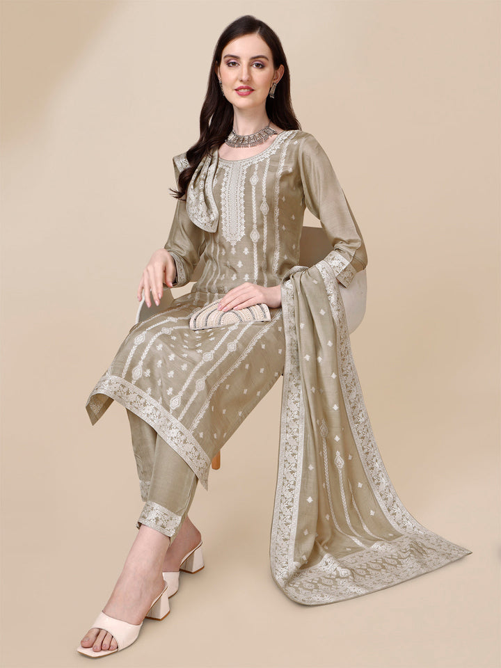 Beige Tussar Silk Kurta Suit Set by Qivii