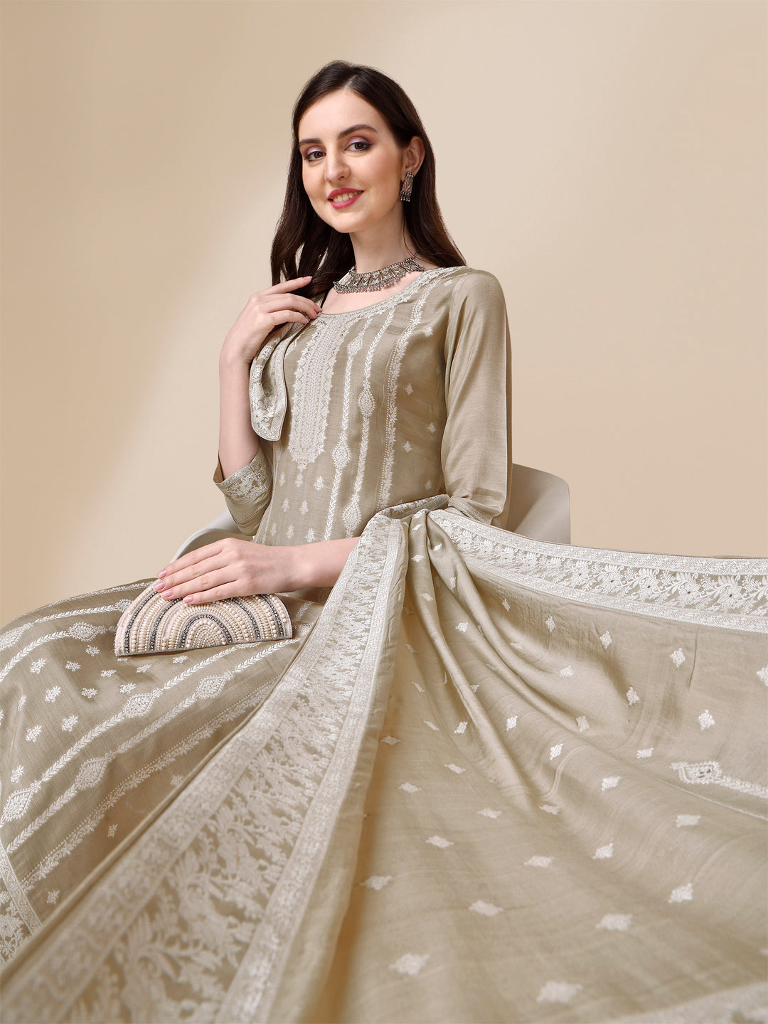 Beige Tussar Silk Kurta Suit Set by Qivii