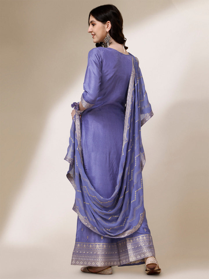 Lavender Textured Jacquard Pallazo Suit Set by Qivii