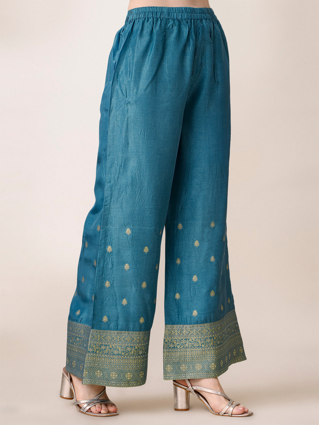 Teal Jacquard Pallazo Suit Set by Qivii