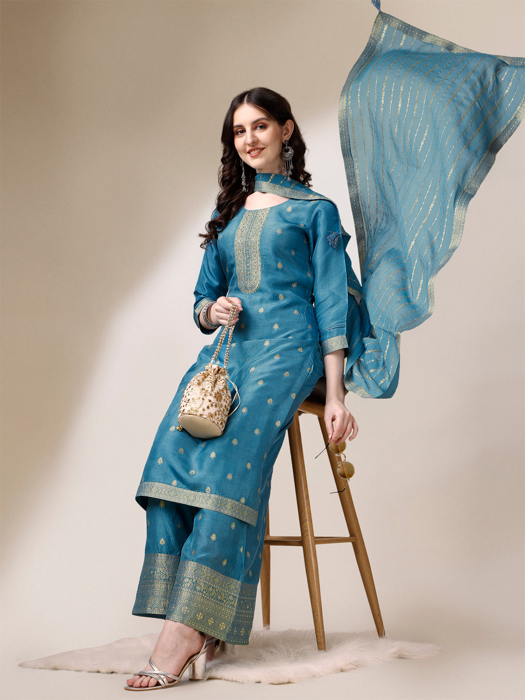 Teal Jacquard Pallazo Suit Set by Qivii