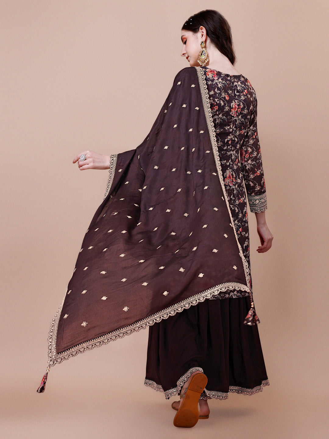 Brown Printed with Embroidered Sharara Suit Set
