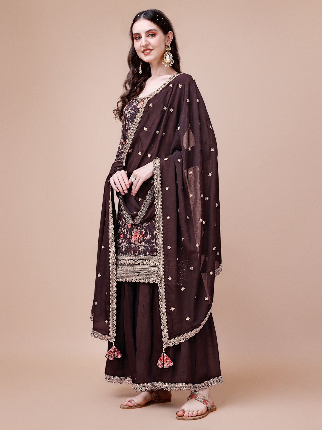Brown Printed with Embroidered Sharara Suit Set