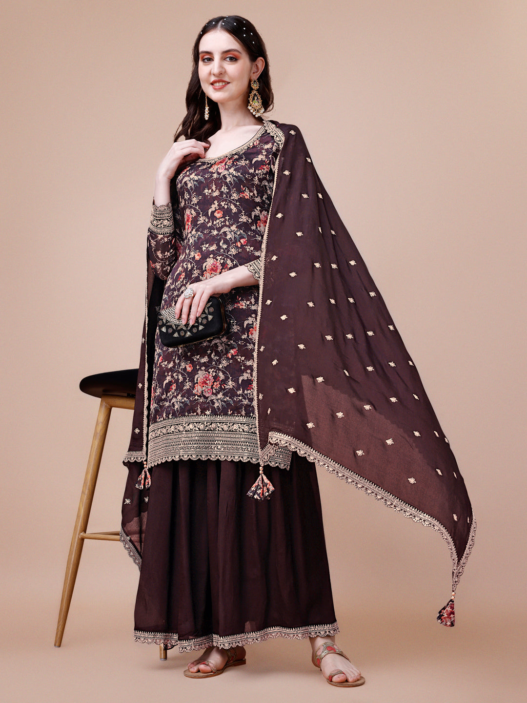 Brown Printed with Embroidered Sharara Suit Set