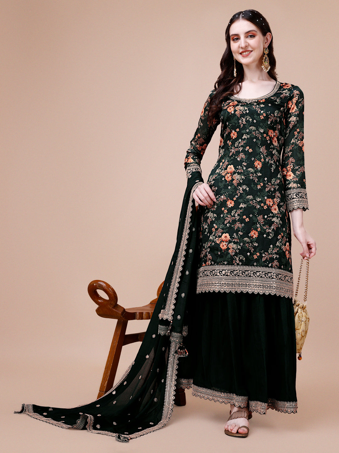 Green Printed with Embroidered Sharara Suit Set
