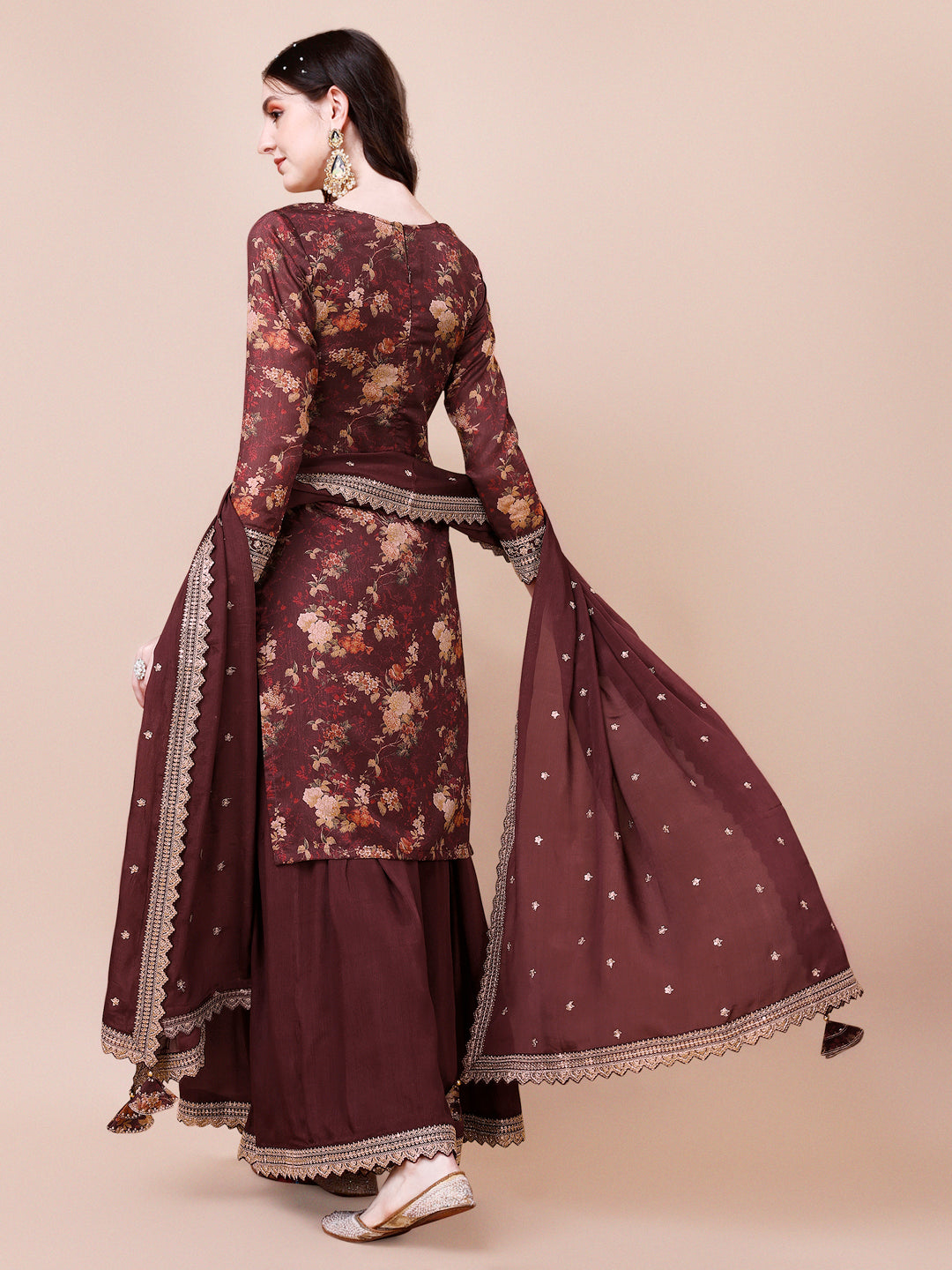 Maroon Printed with Embroidered Sharara Suit Set by Qivii