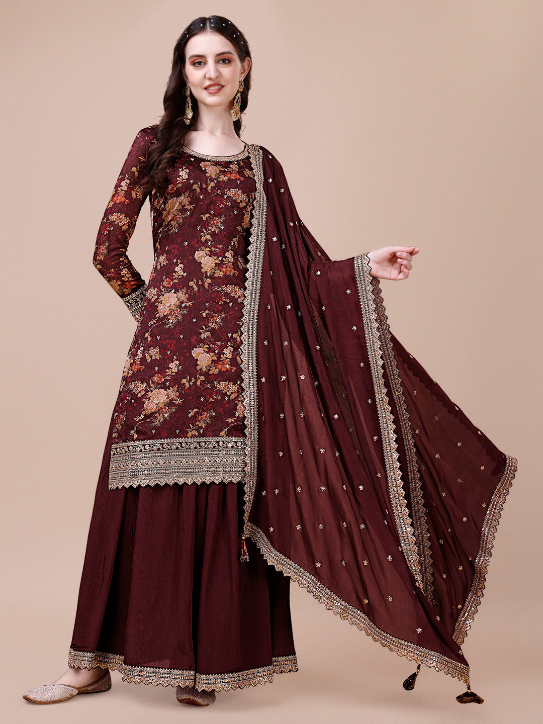 Maroon Printed with Embroidered Sharara Suit Set by Qivii