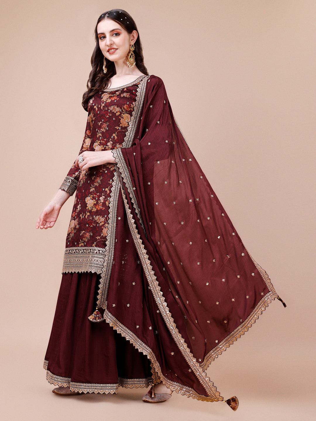 Maroon Printed with Embroidered Sharara Suit Set by Qivii