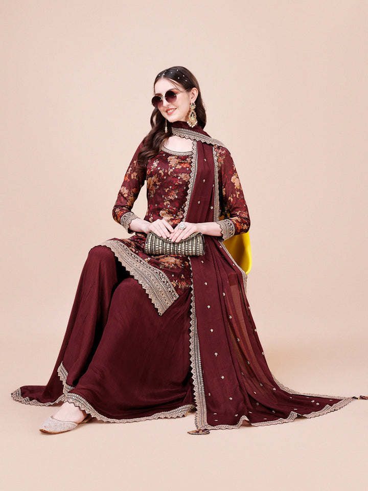 Maroon Printed with Embroidered Sharara Suit Set by Qivii