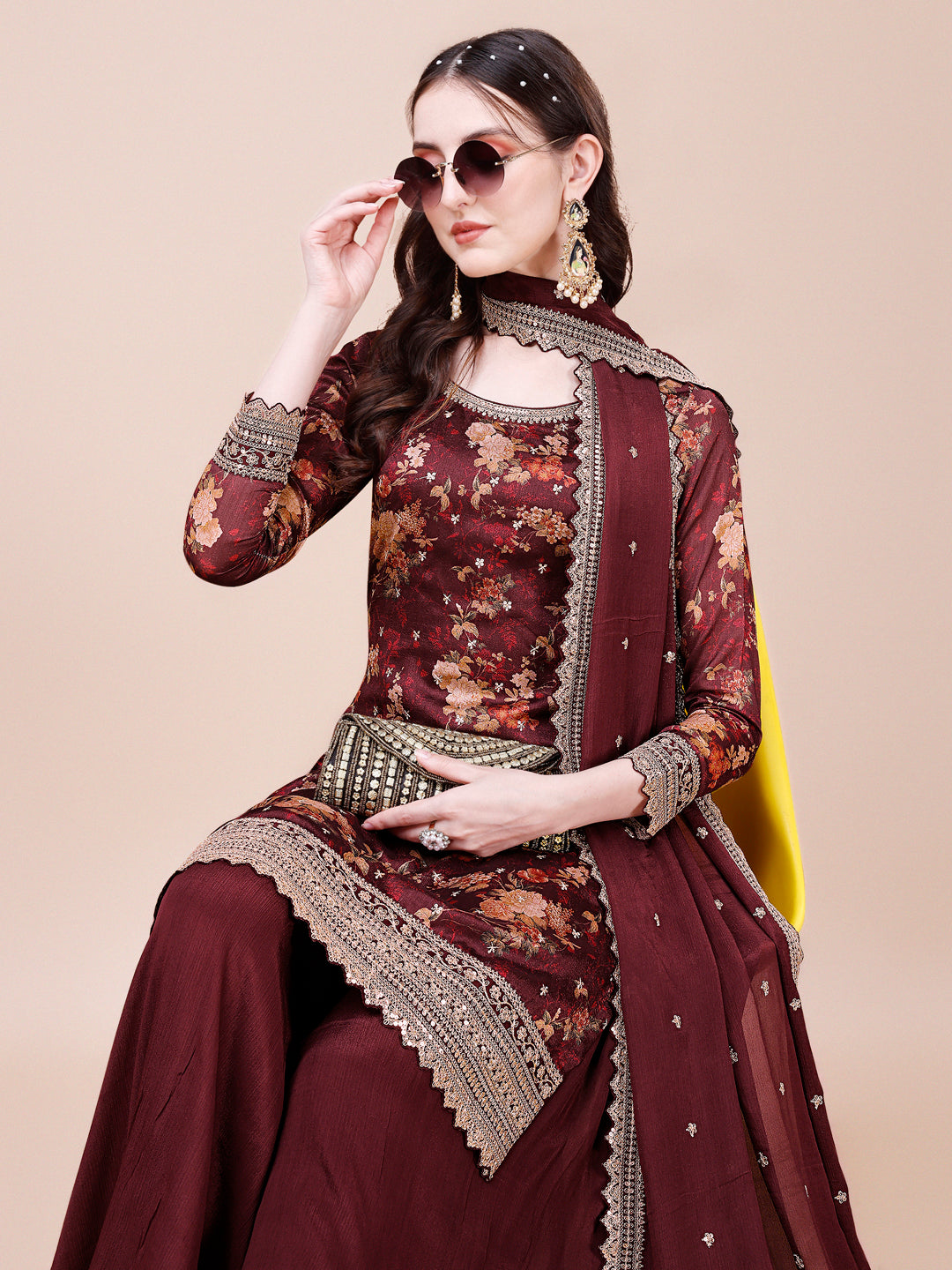 Maroon Printed with Embroidered Sharara Suit Set by Qivii