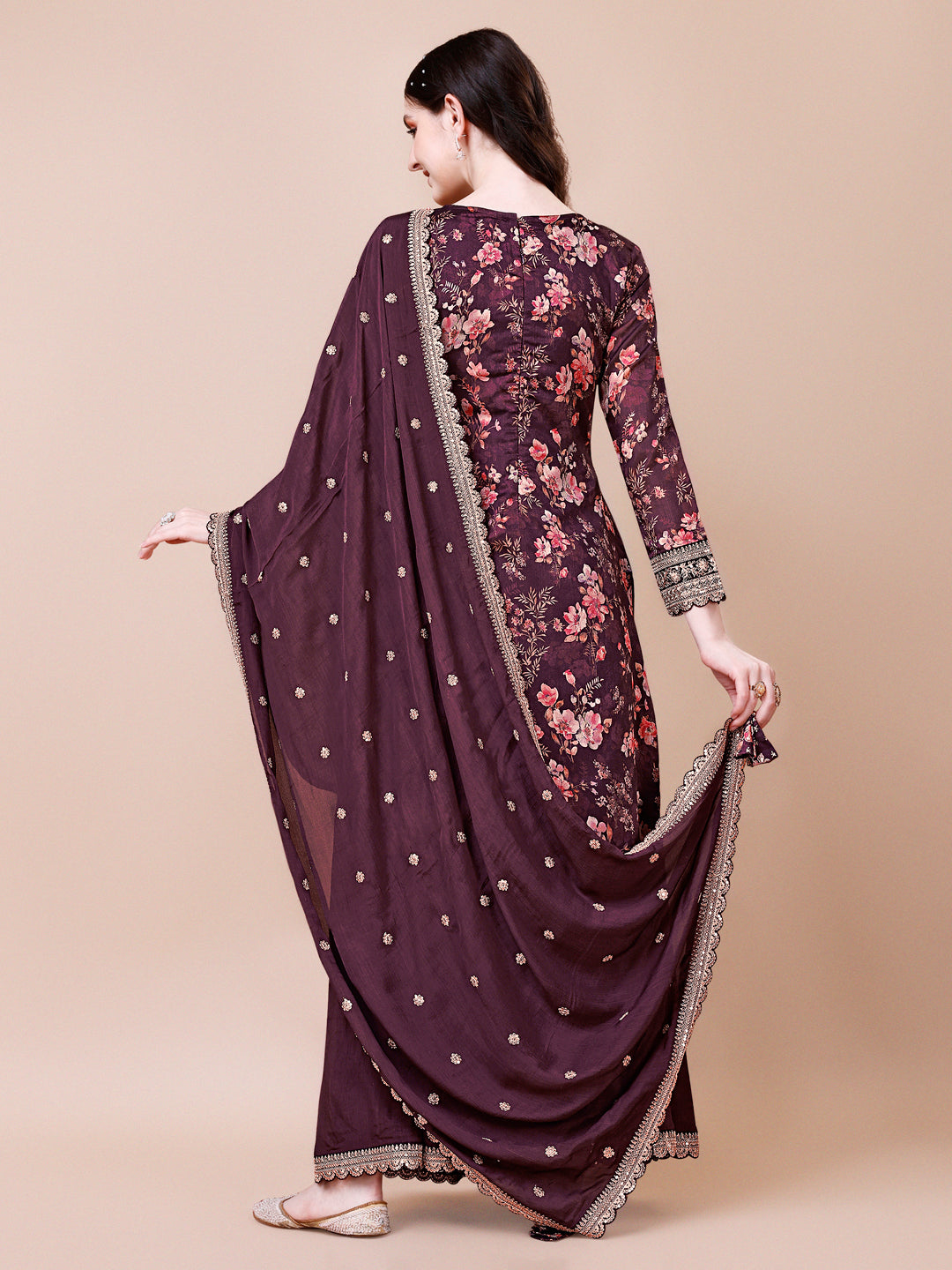 Wine Printed with Embroidered Sharara Suit Set