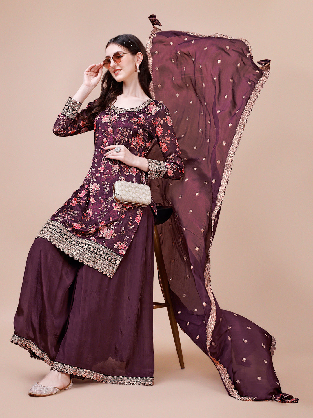 Wine Printed with Embroidered Sharara Suit Set
