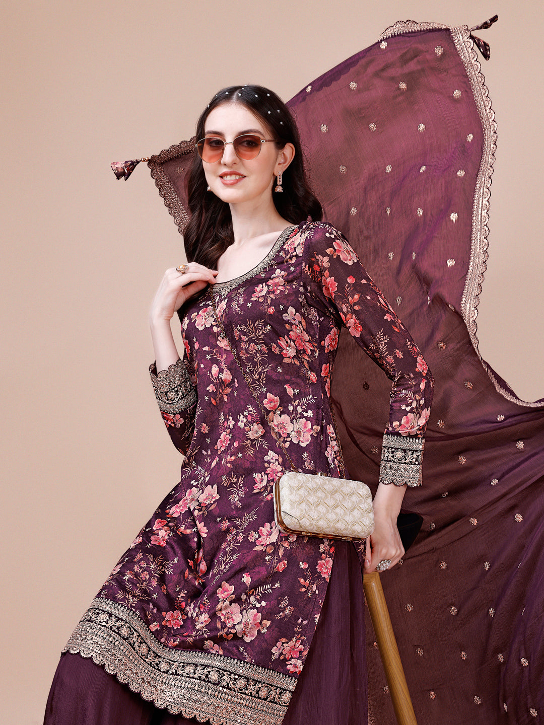 Wine Printed with Embroidered Sharara Suit Set