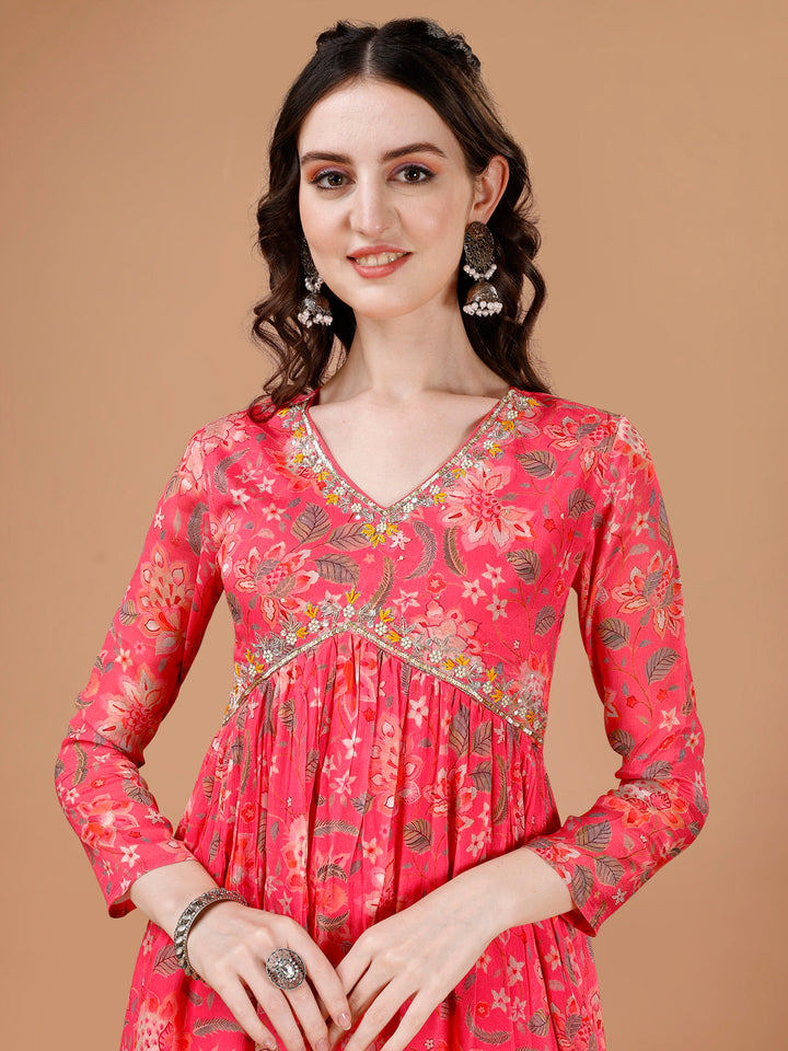 Pink Floral Printed Alia Cut Kurta Suit Set by Qivii