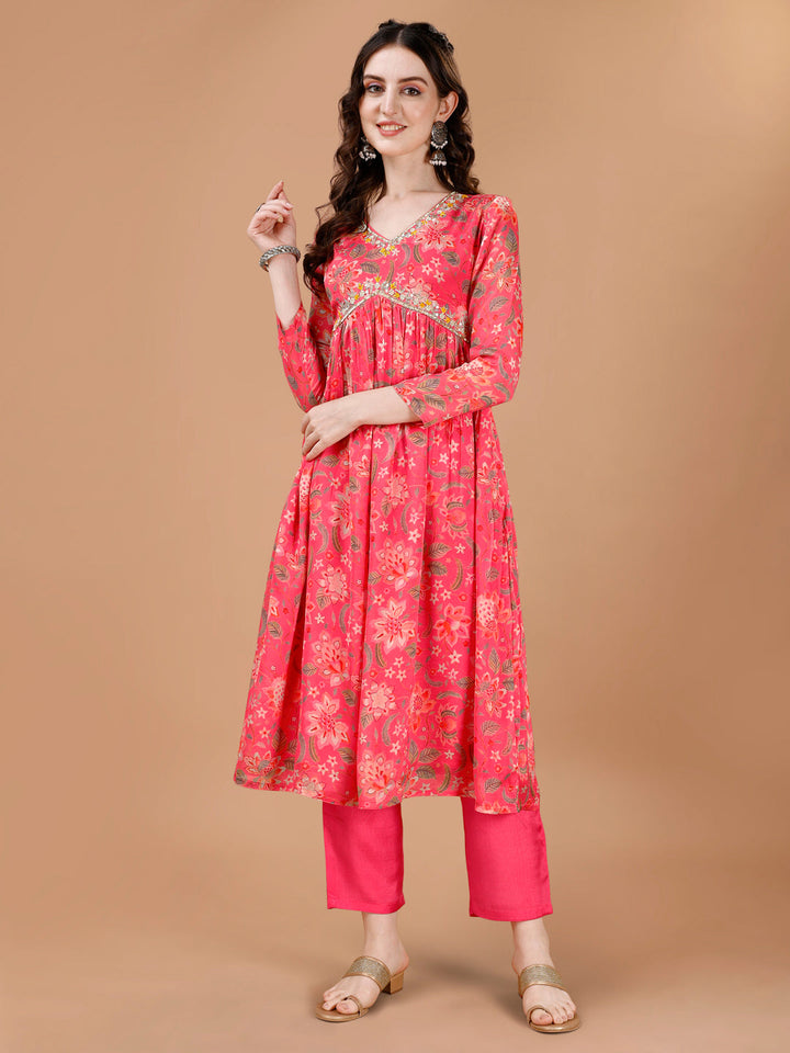 Pink Floral Printed Alia Cut Kurta Suit Set by Qivii