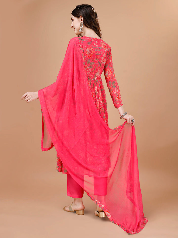 Pink Floral Printed Alia Cut Kurta Suit Set by Qivii