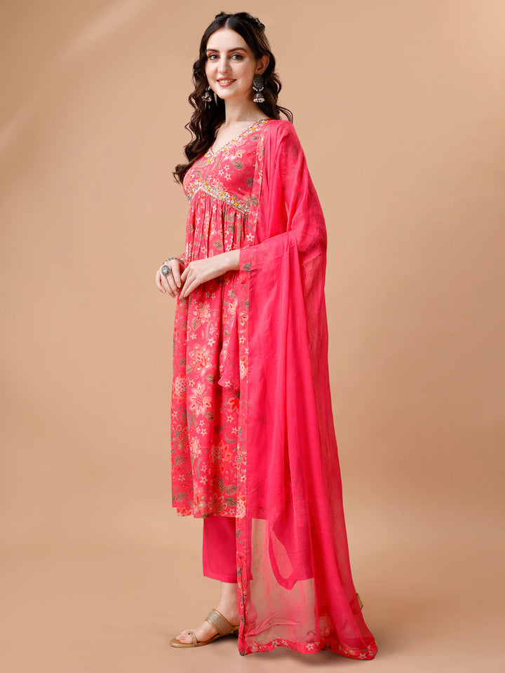 Pink Floral Printed Alia Cut Kurta Suit Set by Qivii