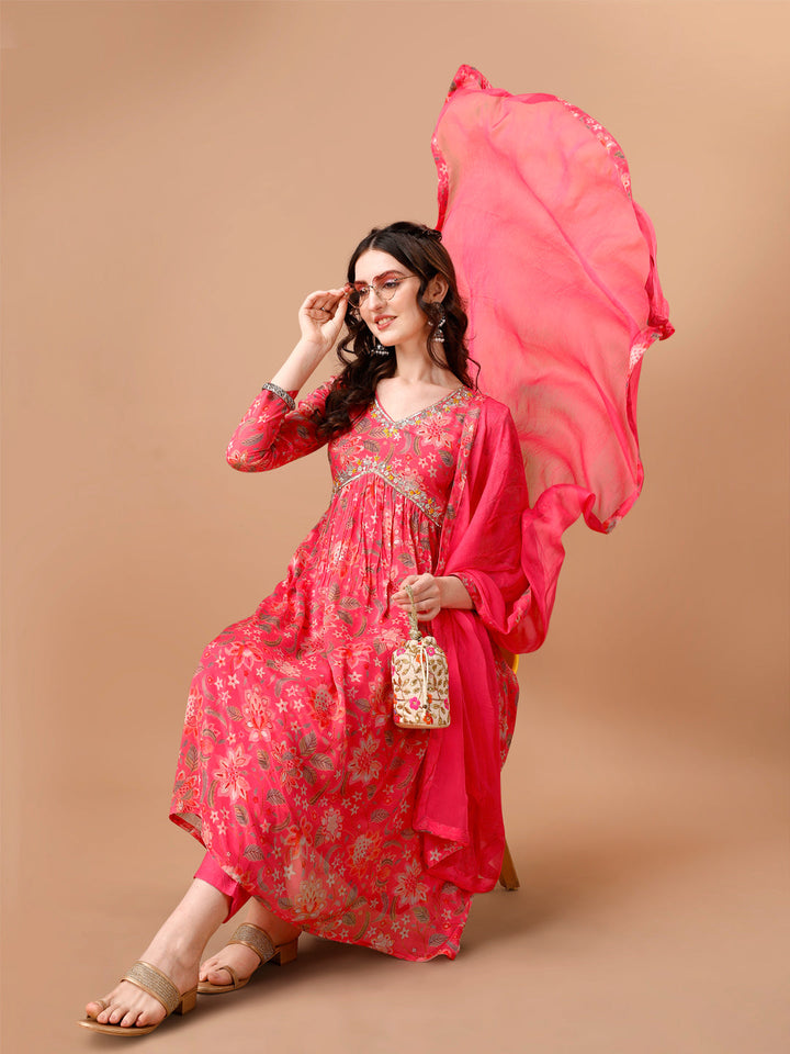 Pink Floral Printed Alia Cut Kurta Suit Set by Qivii