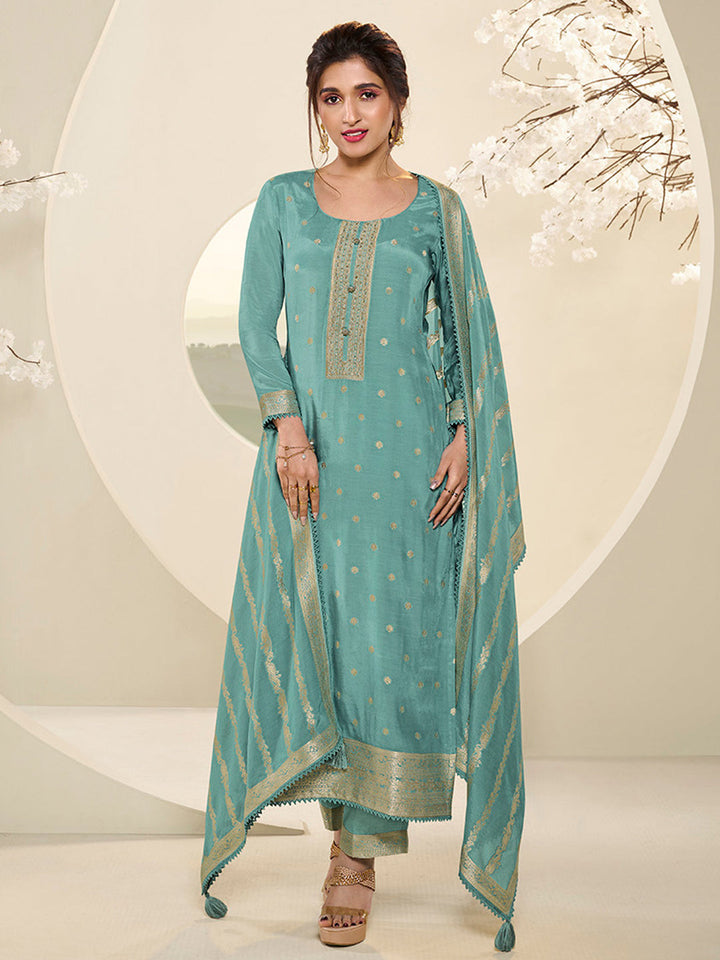 Sea Green Muslin Jacquard Kurta Suit Set with Champagne Thread Weave and Pencil Sketch Weave Yoke by Qivii