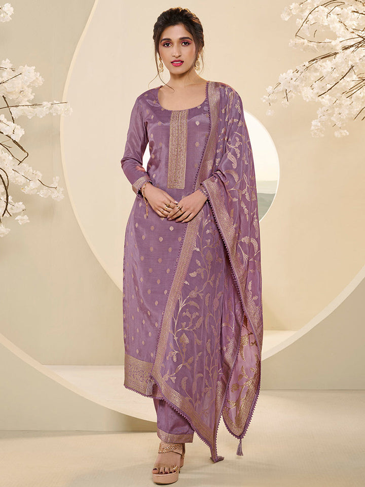 Wisteris Purple Muslin Jacquard Kurta Suit Set with Champagne Thread Weave and Pencil Sketch Weave Yoke by Qivii