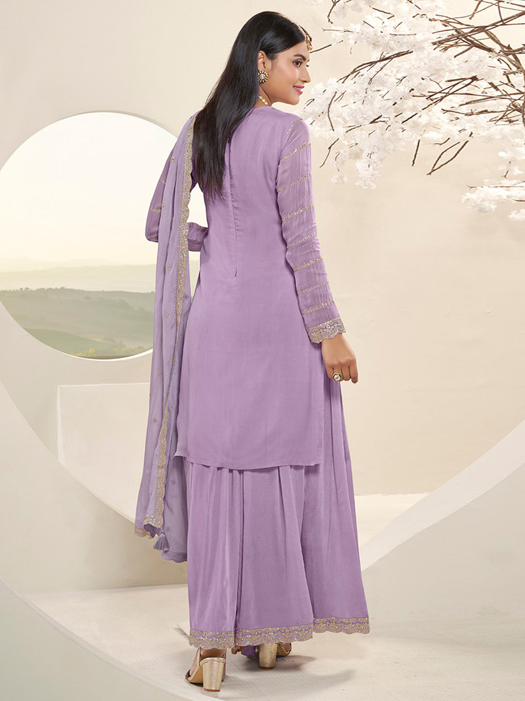 Lavender Floral Pattern, Thread with Sequins & Zari Embroidered Sharara Suit Set by Qivii