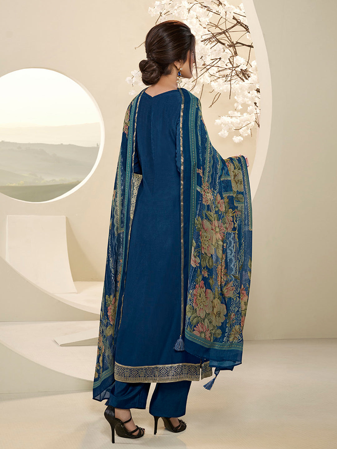 Muslin Jacquard Kurta Suit Set with Pencil Sketch Weave Handwork on Yoke