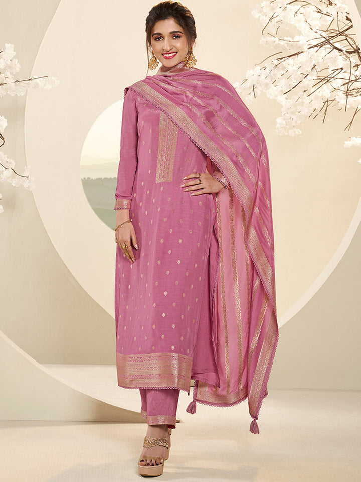 Light Pink Muslin Jacquard Kurta Suit Set by Qivii