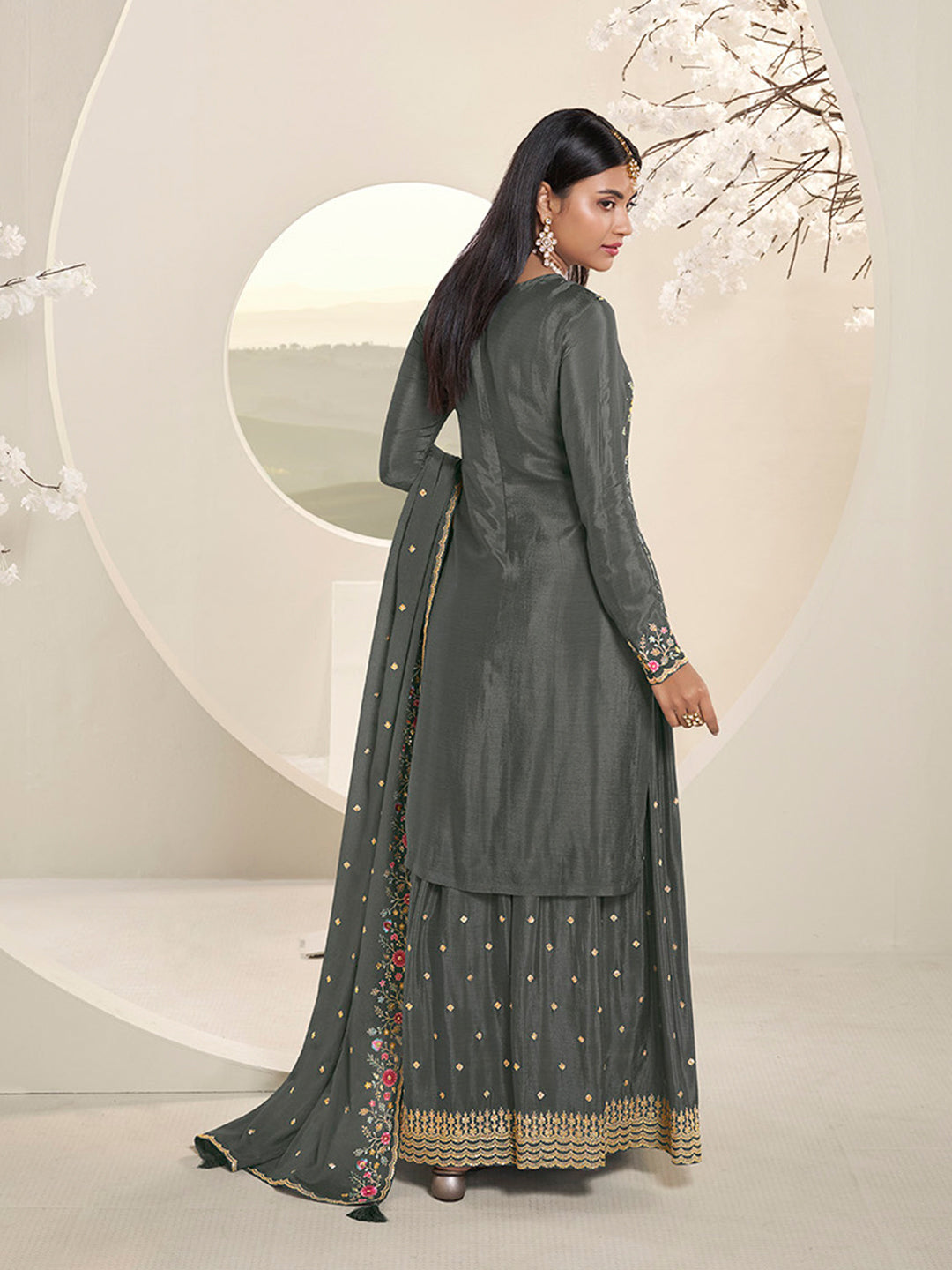 Grey Multi Colour Floral Thread & Embroidered Sharara Suit Set by Qivii