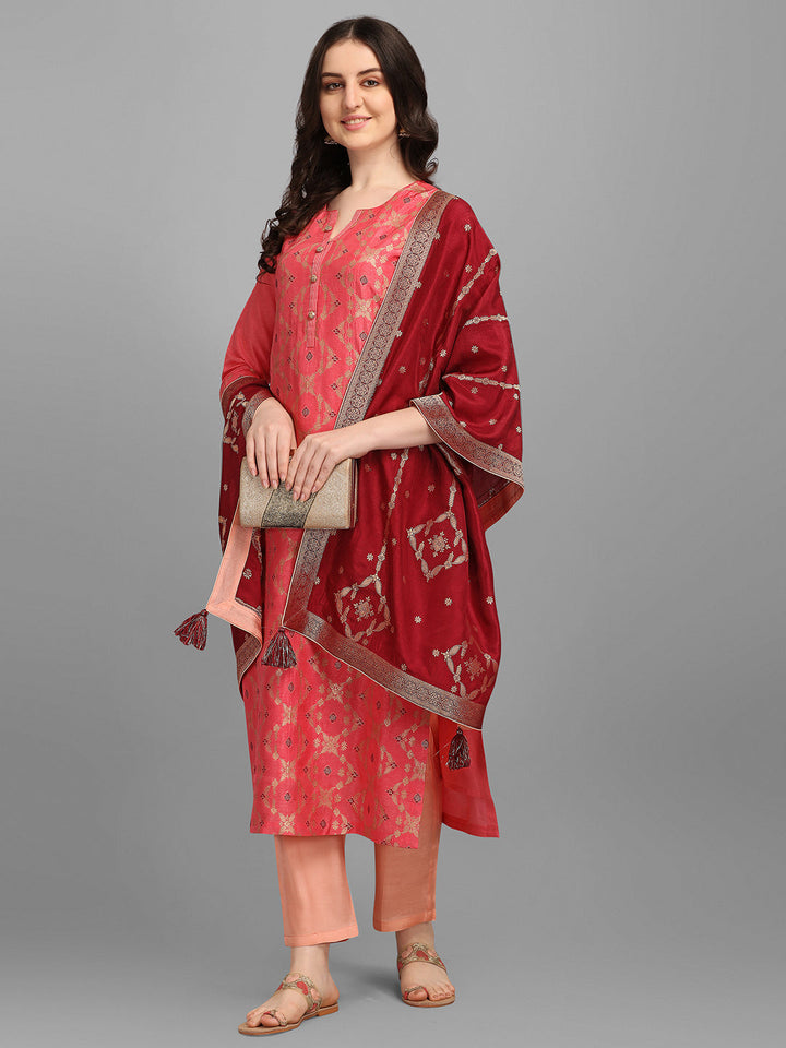 Pink Meena Jacquard Kurta Suit Set by Qivii