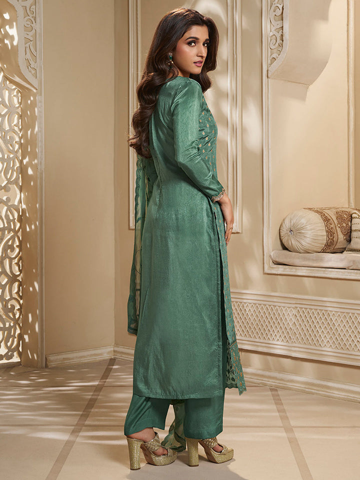 Green Dola Jacquard Kurta Suit Set with Embroidered with Thread and Sequins Work by Qivii