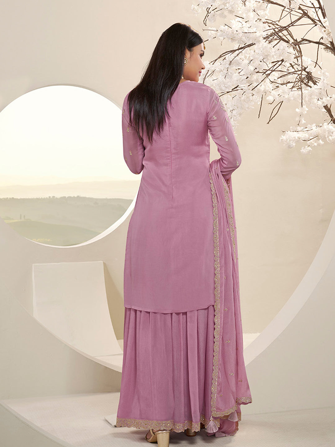 Pink Floral Pattern, Thread with Sequins & Zari Embroidered Sharara Suit Set by Qivii