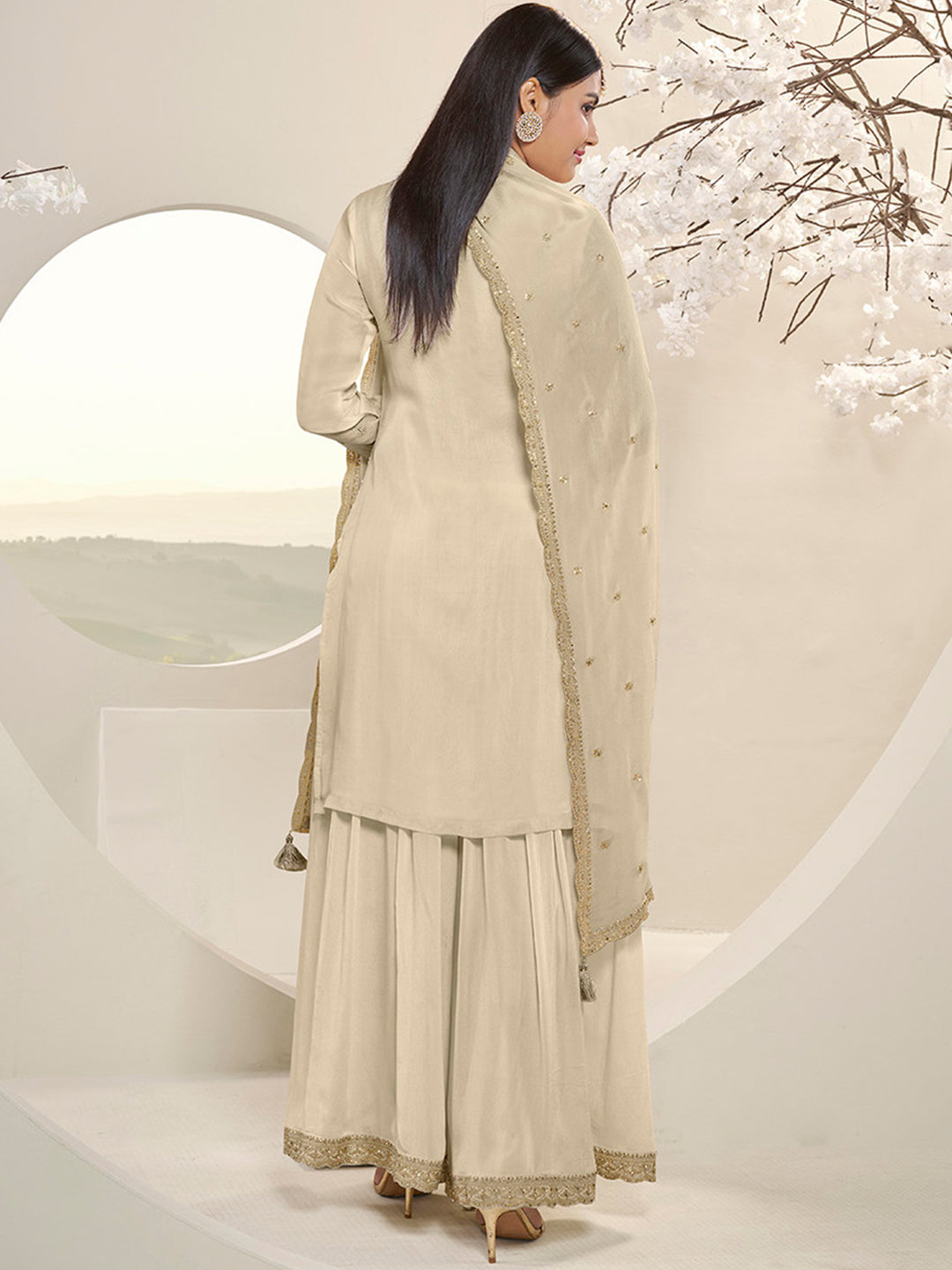 Off White Floral Pattern, Thread with Sequins & Zari Embroidered Sharara Suit Set