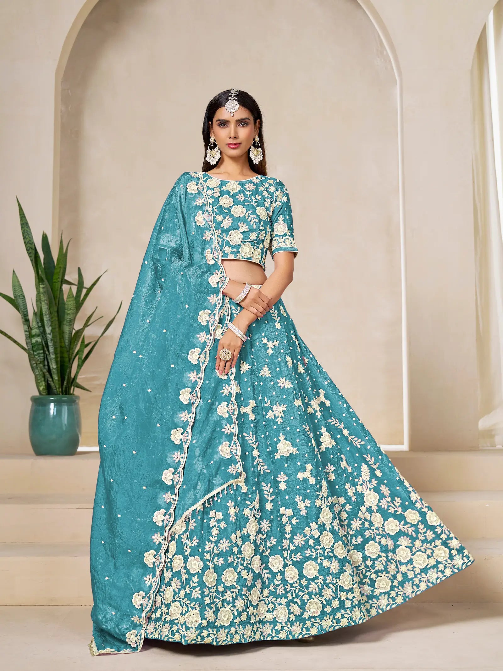 Sea Blue Gold Crush Embroidery Lehenga Choli - qivii