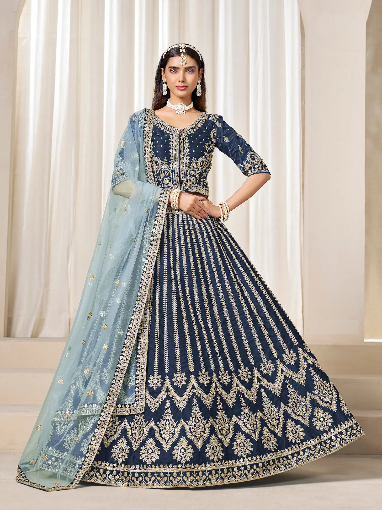 Navy Blue Art Silk Thread & Sequins Embroidery Lehenga Choli - qivii