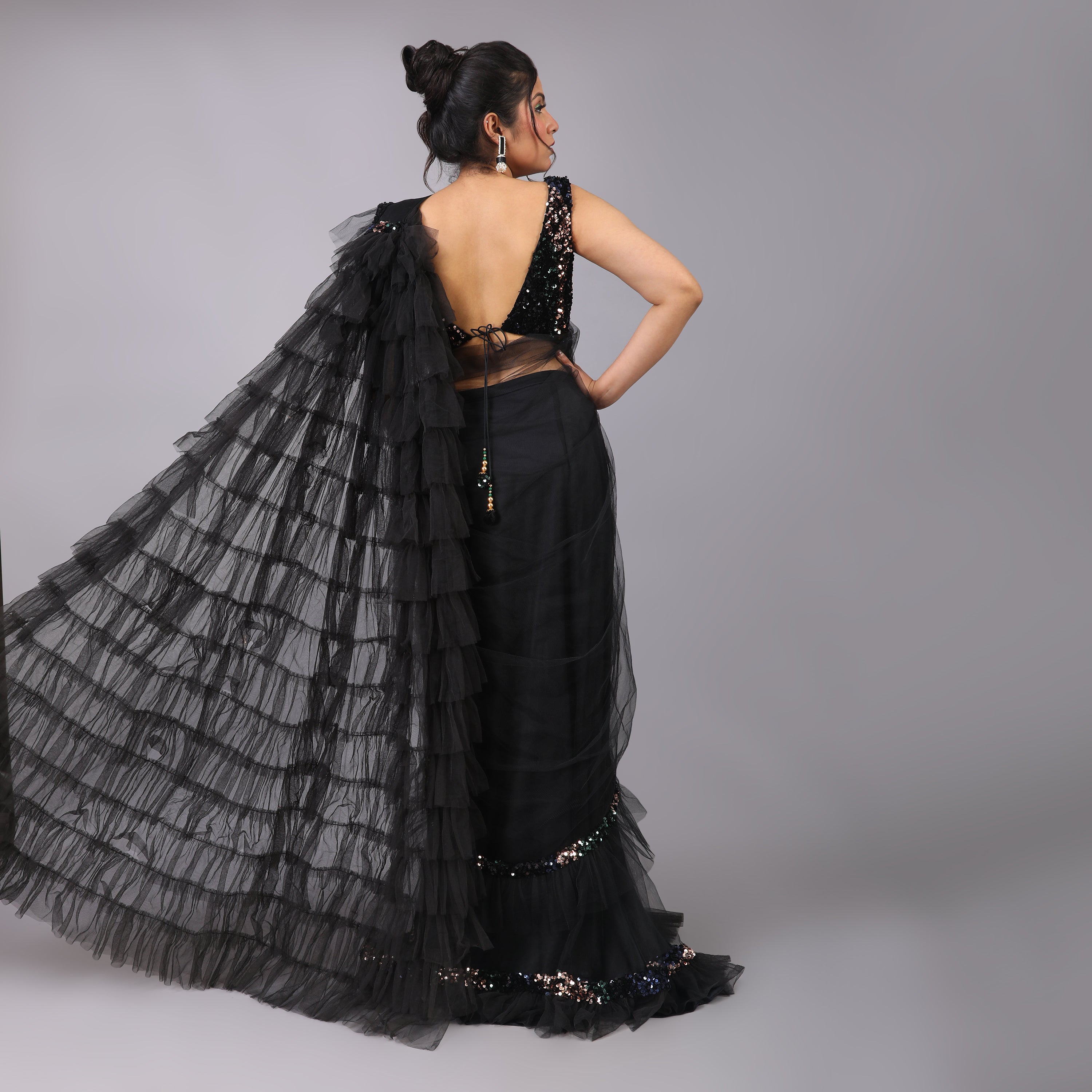 Classic Black Ruffled Pre-draped Saree with sequence blouse - qivii