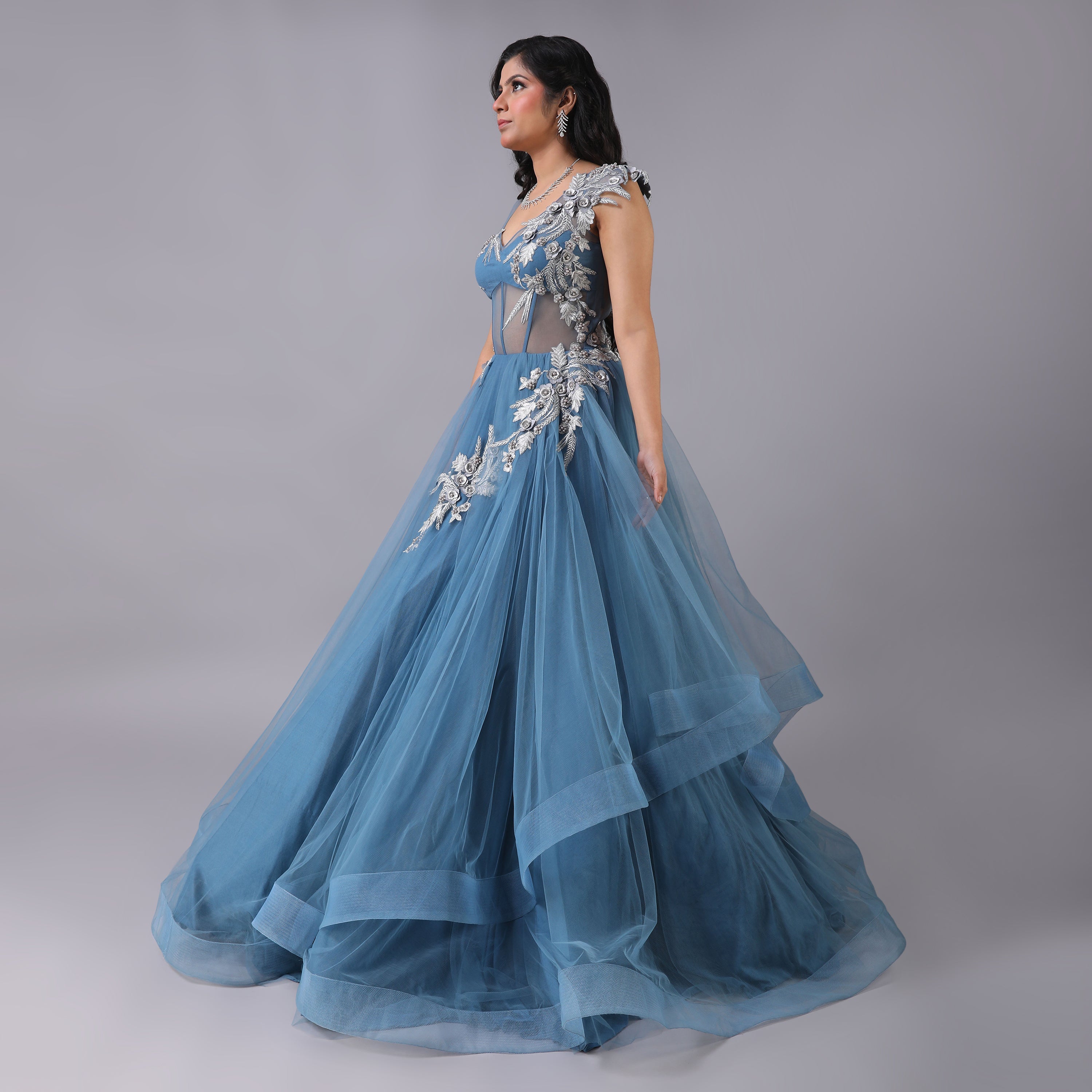 Asymmetrical Blue Tulle Net Gown With Silver Embellishments - qivii
