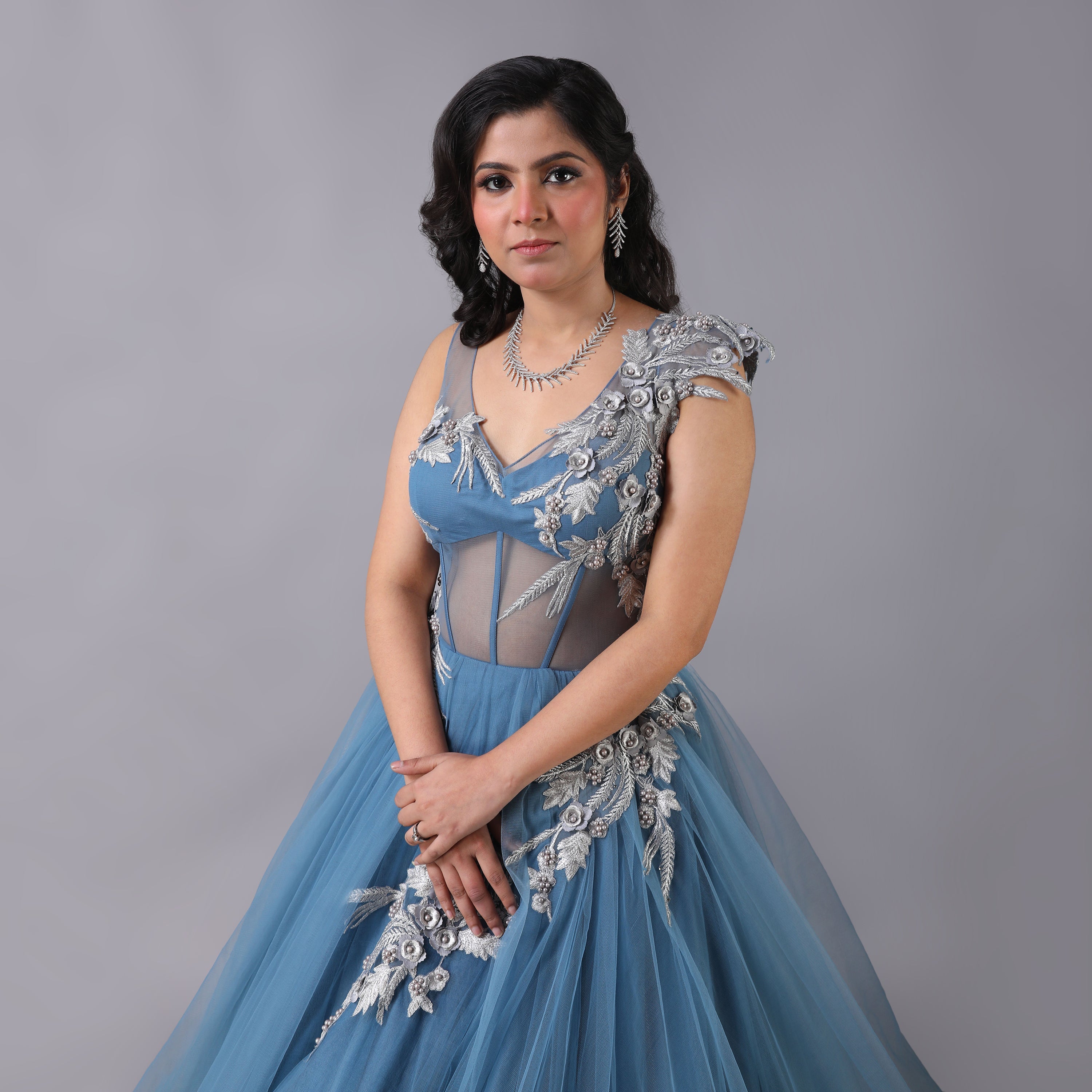 Asymmetrical Blue Tulle Net Gown With Silver Embellishments - qivii