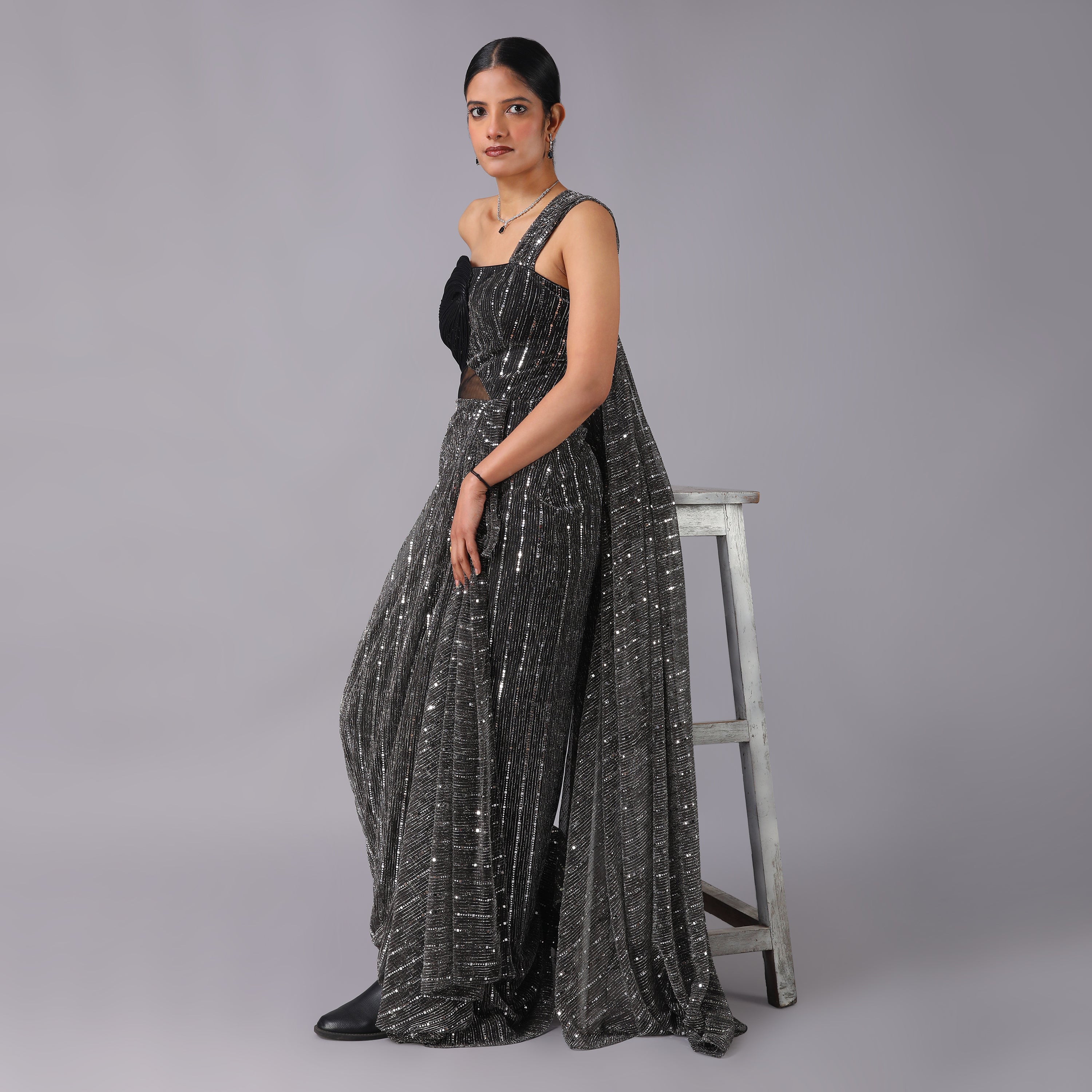 One-Shoulder Glam Metallic grey Sequin pre-draped Saree gown with asymmentrical geomatrical shape - qivii