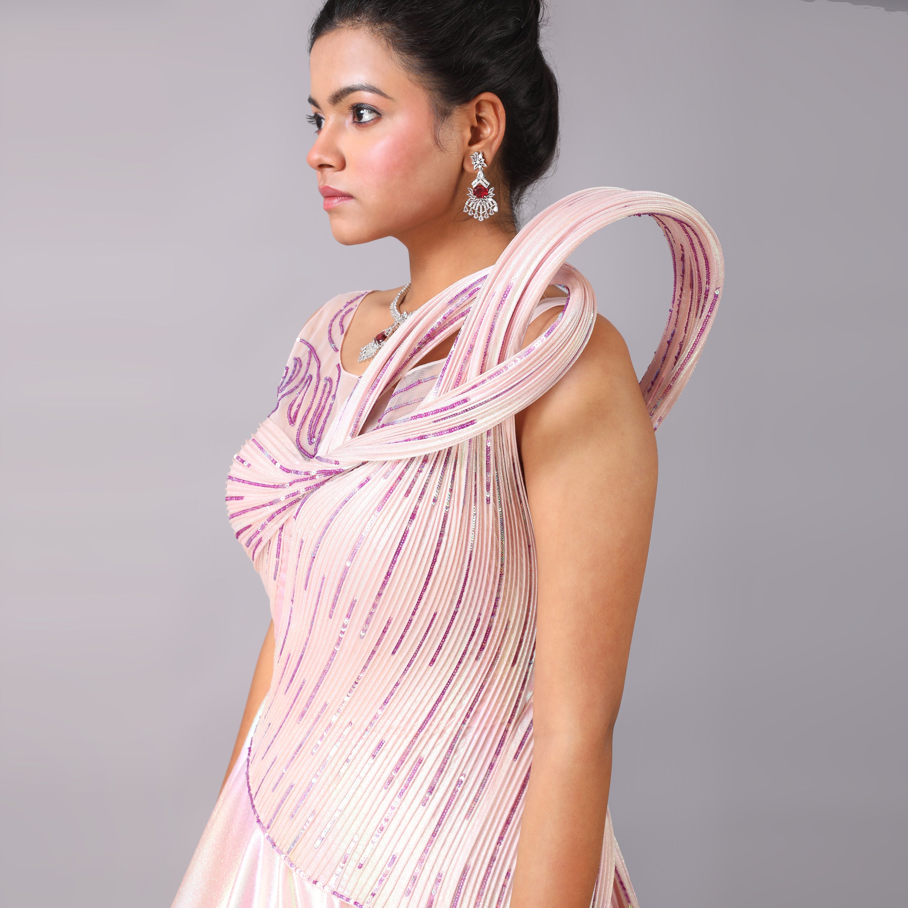 Holographic Blush pink Sculpted Body Evening Gown - qivii