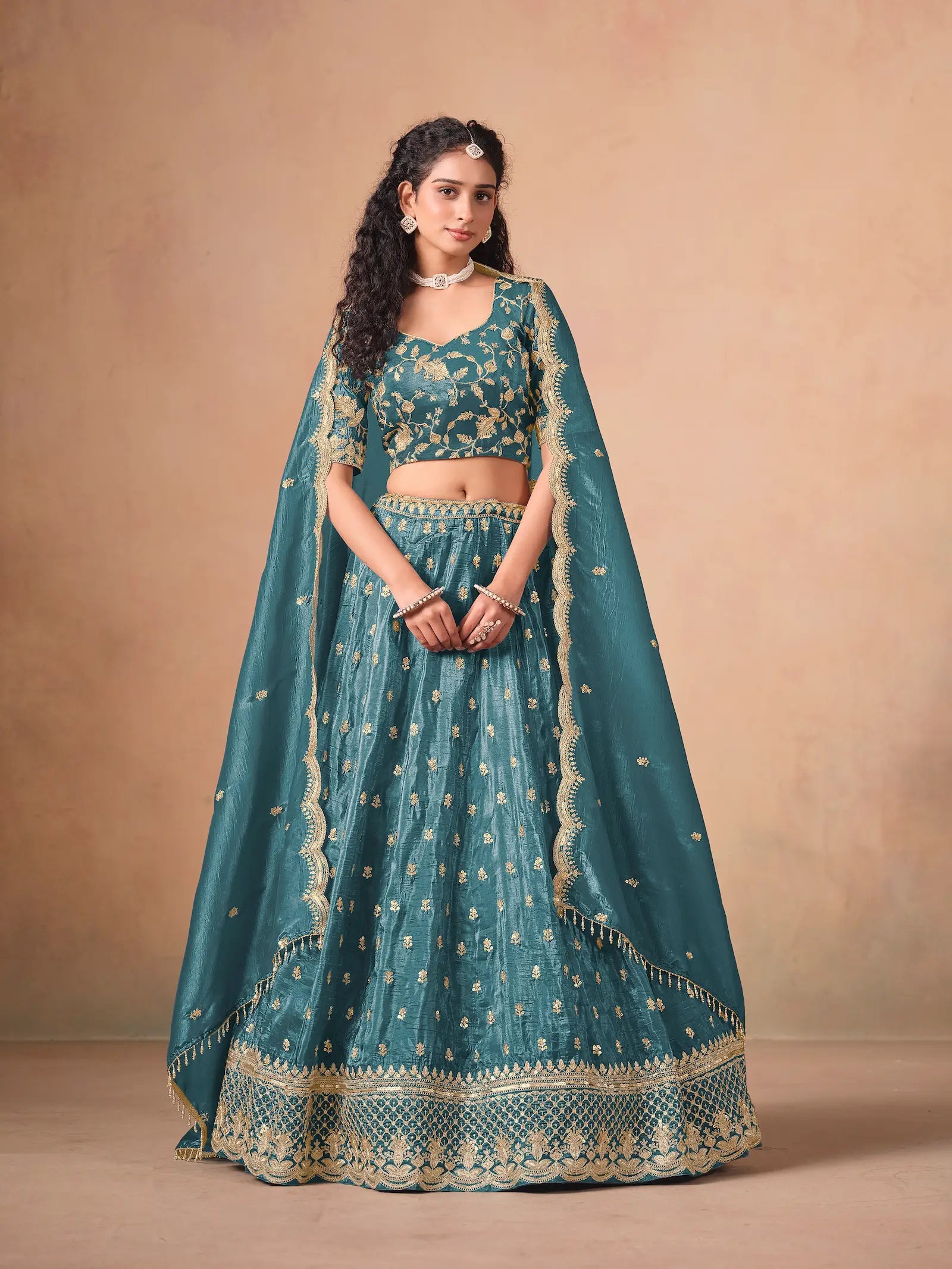 Teal Blue Organza Embroidery Work Lehenga Choli - qivii