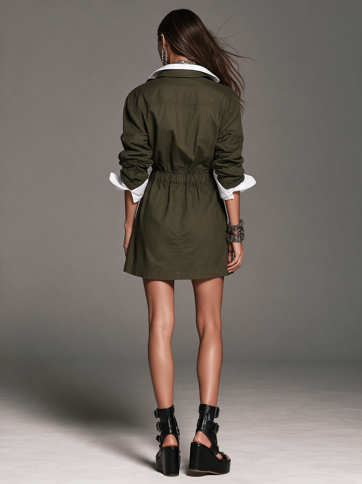 Women's Casual Army Green Long-Sleeve Jacket With Faux-Layered Woven Panel Detail MDZ0413I3LXY