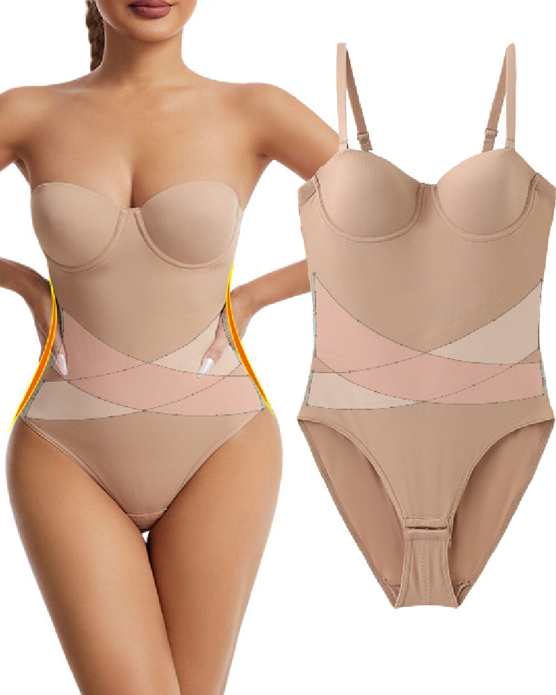 Women's Strapless Built-in Bra X Cross Tummy Control Bodysuit  - By Qivii