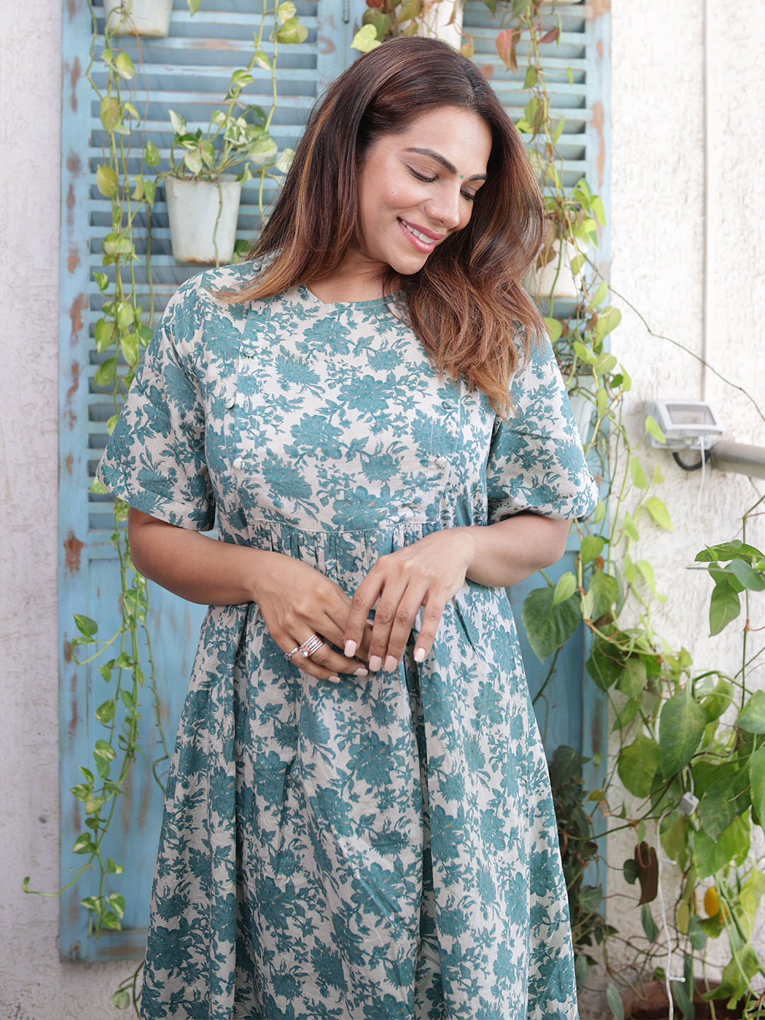 Beige Cotton Floral Printed Maternity Kurta with Palazzo  - By Janasya