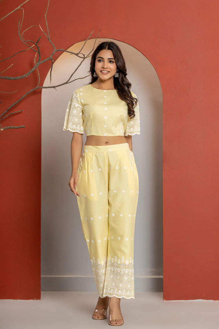 Yellow Cotton Chikankari Co-ord Set  - By Ragavi