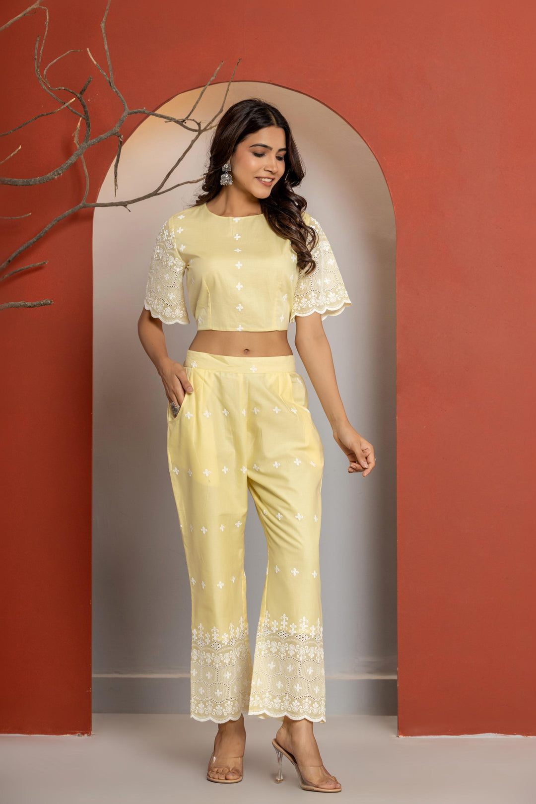 Yellow Cotton Chikankari Co-ord Set  - By Ragavi