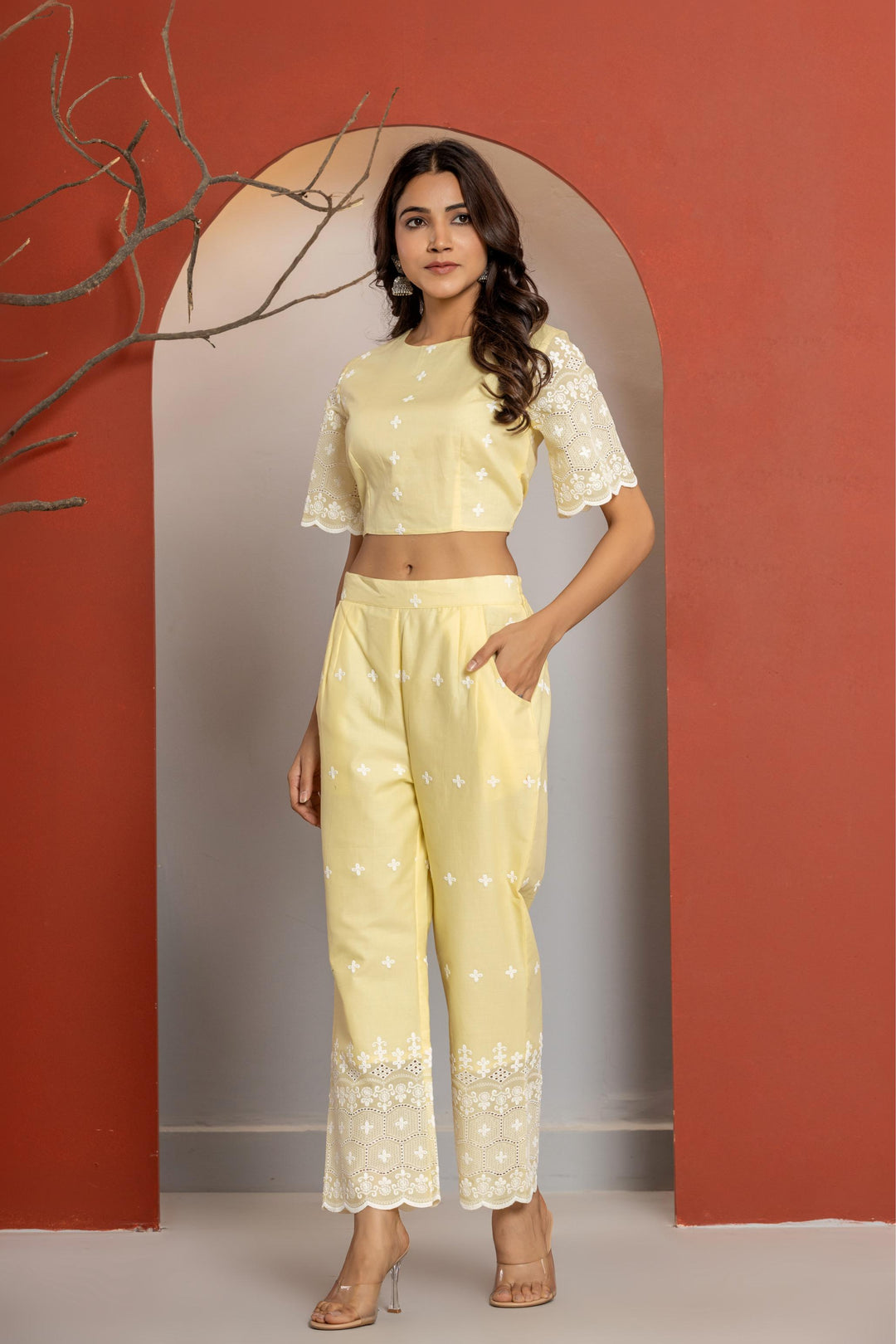 Yellow Cotton Chikankari Co-ord Set  - By Ragavi