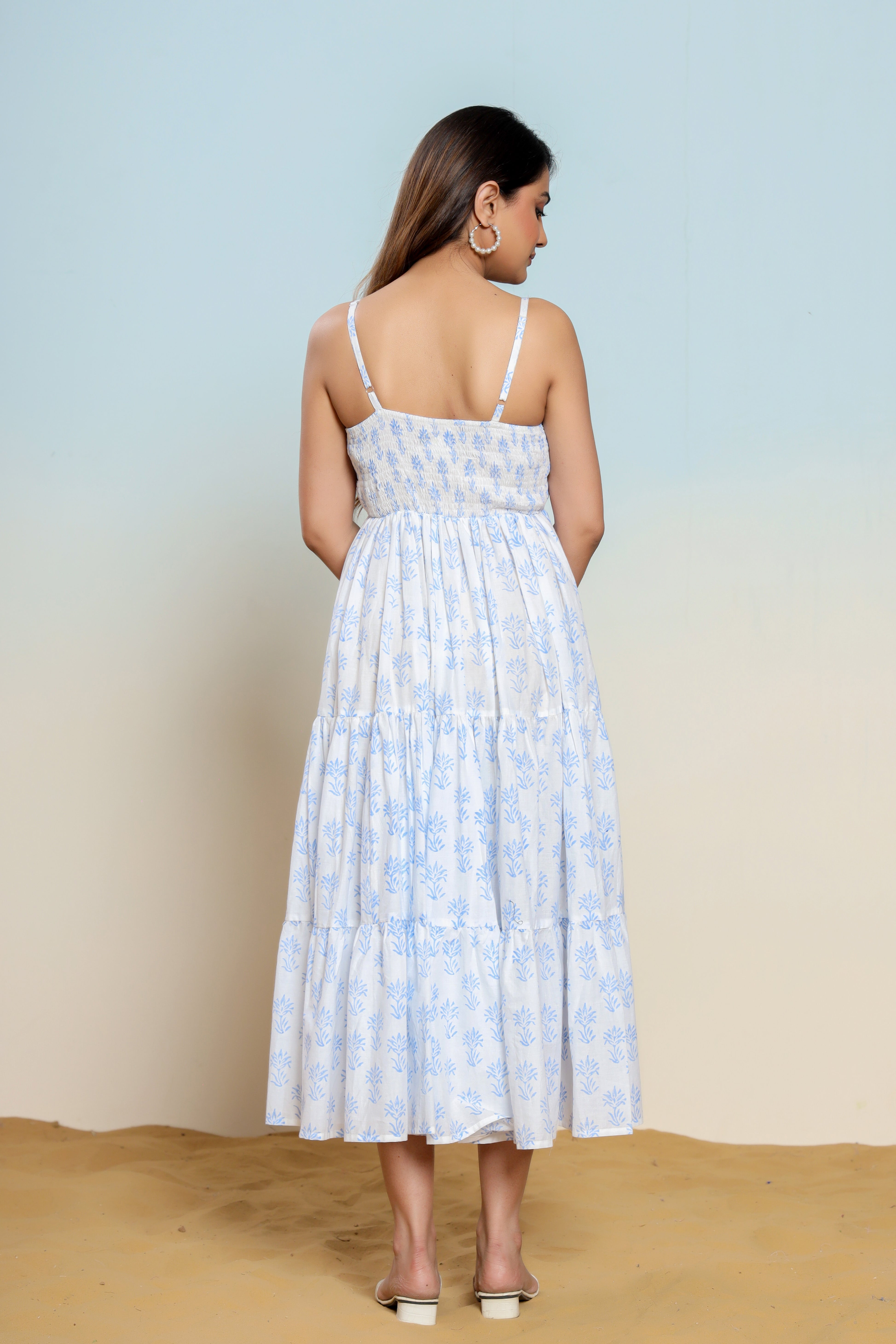Powder Blue and White Printed Cotton Maxi Dress - qivii