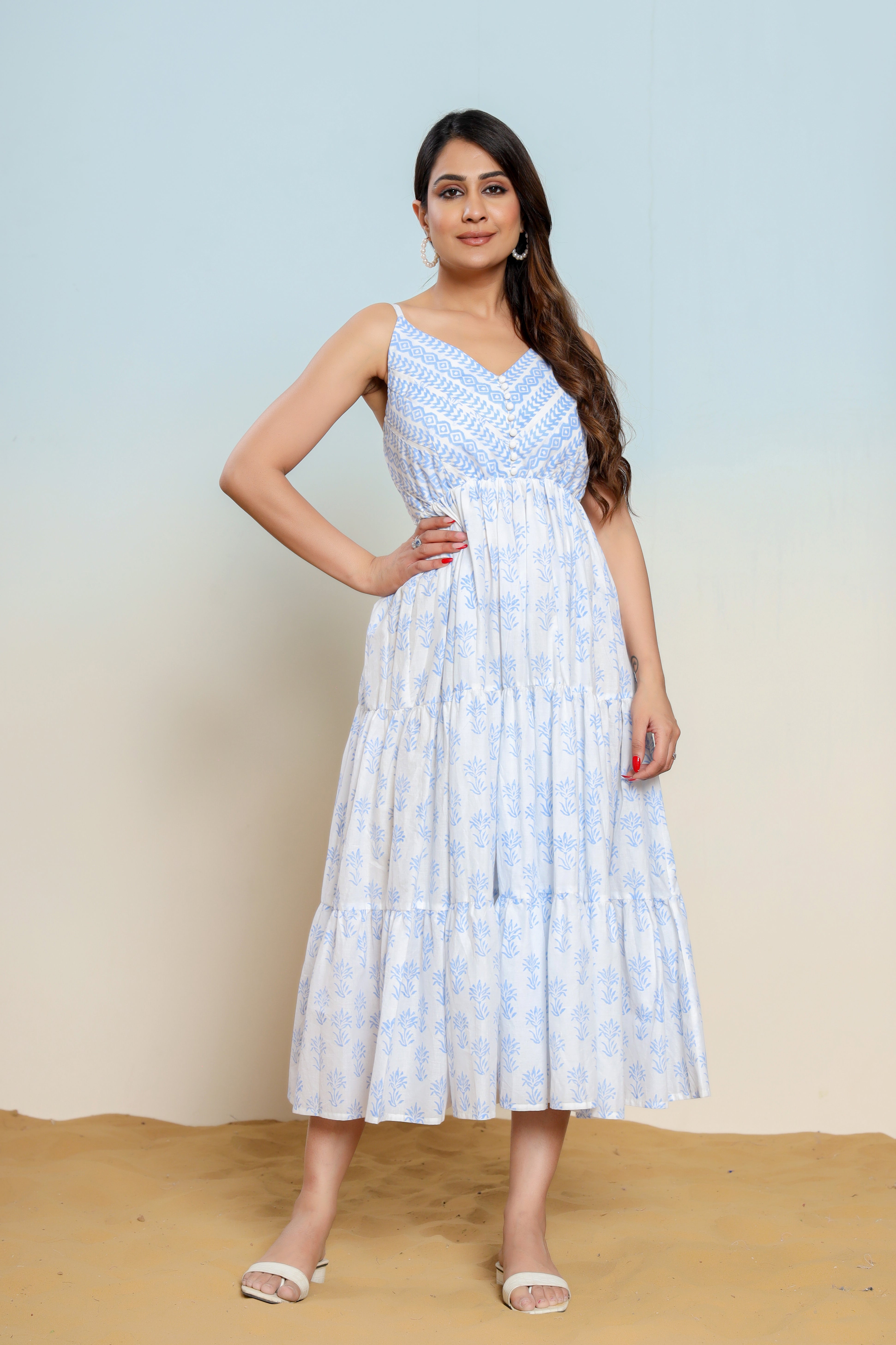 Powder Blue and White Printed Cotton Maxi Dress - qivii